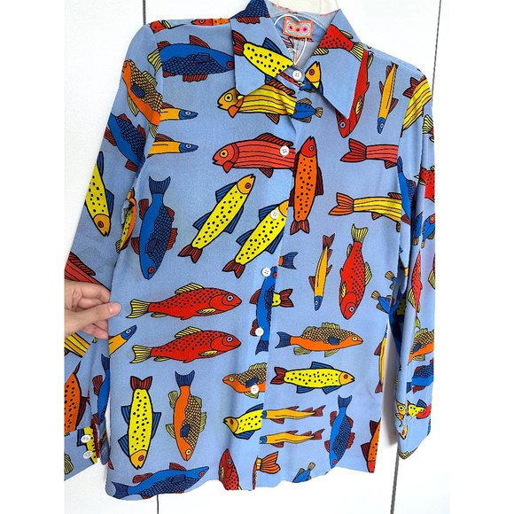 NWT LHD Star Island Blouse Shirt Silk Blue Corsican Trout Print Fish Colorful 4 - Picture 9 of 12
